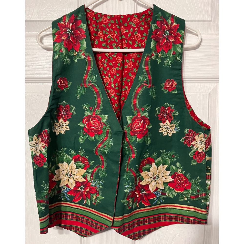 Vintage Handmade Reversible Christmas Vest Green Poinsettia Red Holiday Women M